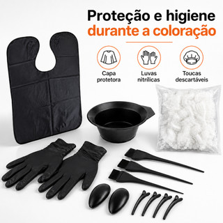 Kit 14 Peças Acessórios Coloração Capilar Tigela Pincéis Capa Luvas para Casa e Salão