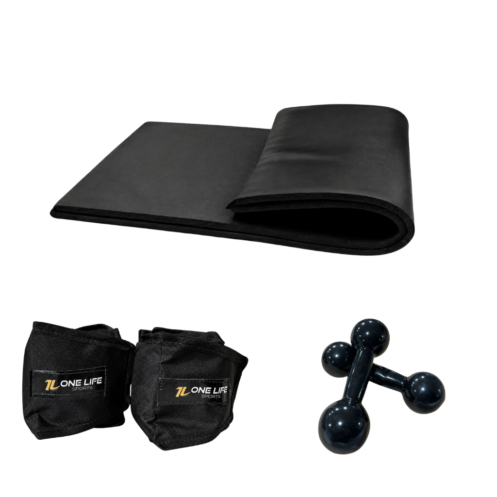 Kit Treino Aeróbico Em Casa - Par Caneleira 3 Kg + Colchonete + Par Halter Emborrachado 2Kg