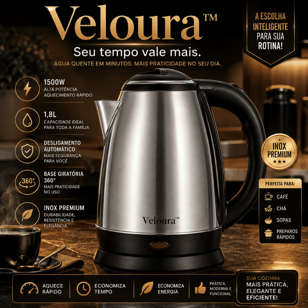 Chaleira Elétrica Inox 1,8L 1500W 220V Aquecimento Rápido Alta Potência