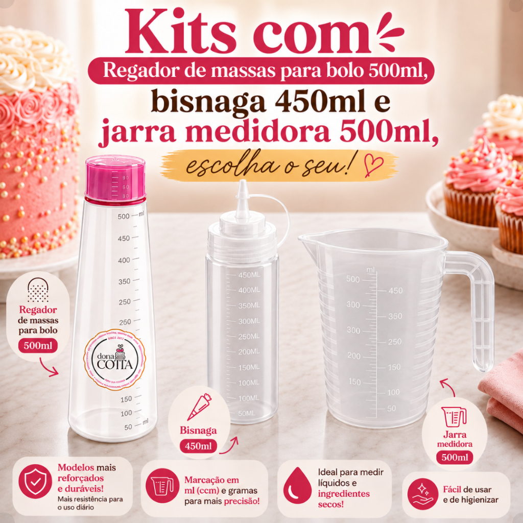Kits com Regador Umedecedor de Massas 350ml Jarra Medidora 500ml Bisnaga 350ml Para Confeitaria Bolo
