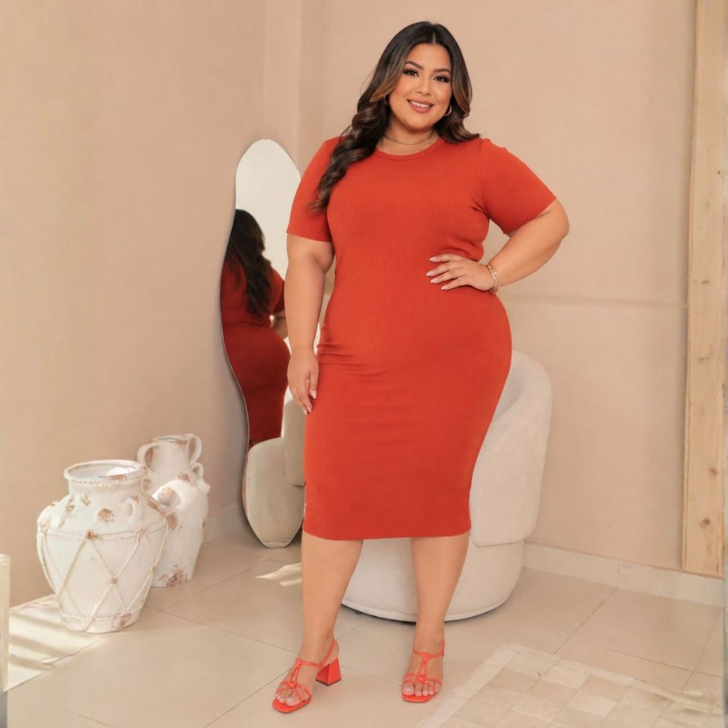 Vestido Feminino Midi Plus Size Canelado Com Elastano Confortável Moda Evangélica Casual Básico Manga Curta