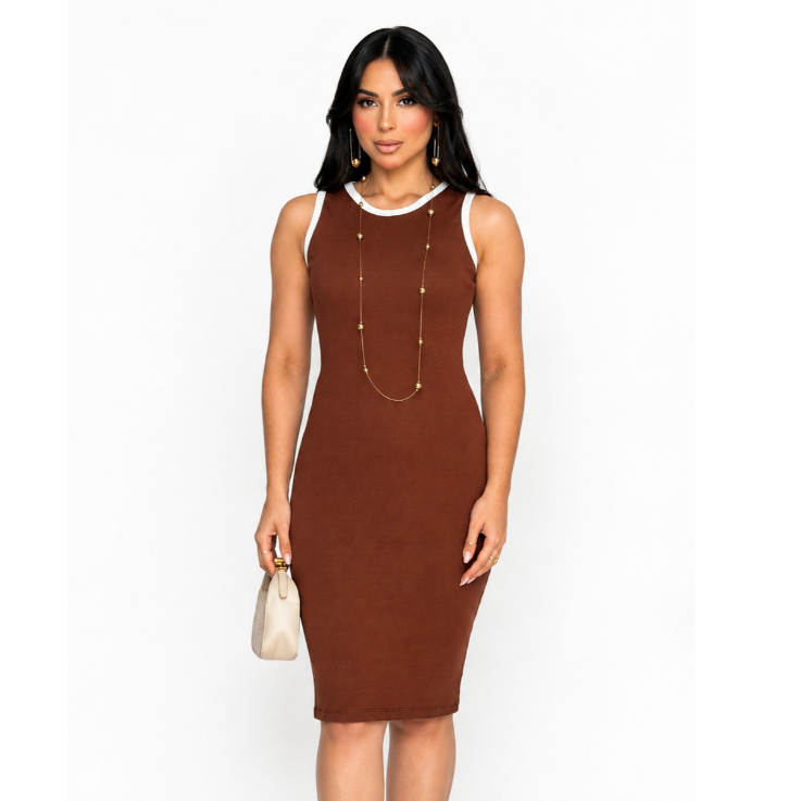 Vestido Feminino Midi Canelado Regata Justo Algodão Premium com Elastano
