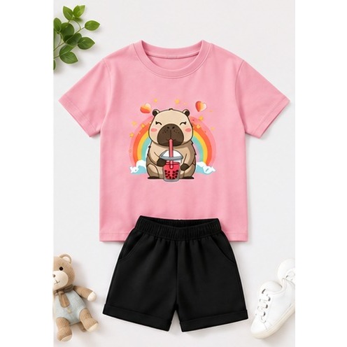 Conjunto Infantil Menina Camiseta E Short Moletinho Capivara Milk Shake Algodão Tshirt Varias Cores Tamanhos Capivara