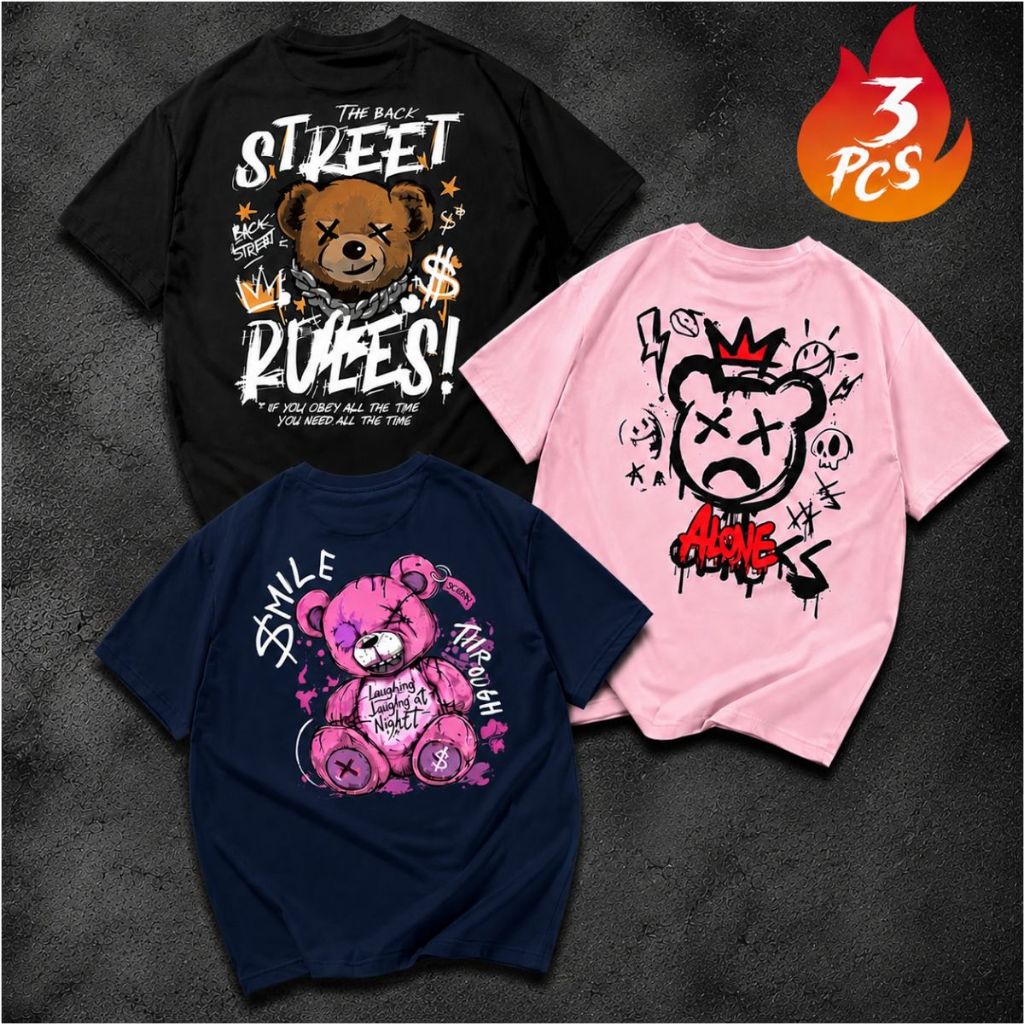 Kit 3 Camisetas Unissex Estampadas Streetwear Urso Bear Moda Jovem Casual Feminina Masculina