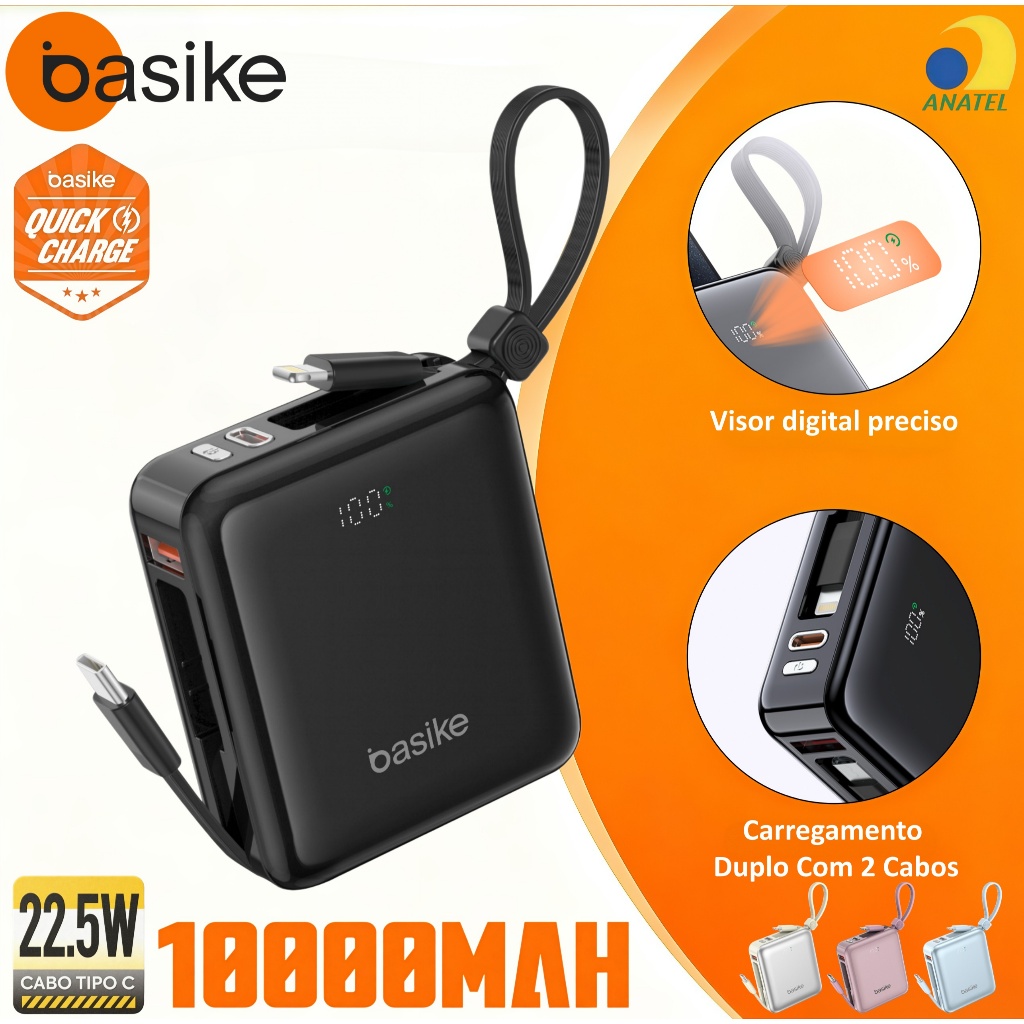 BASIKE Power Bank 10000mAh Mini PD 22.5W Carregamento Duplo Com 2 Cabos