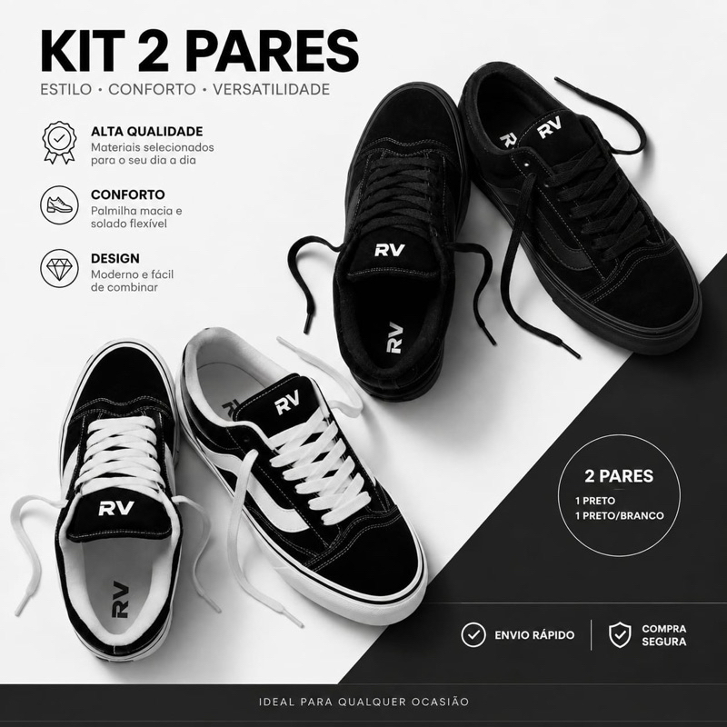 Kit 2 Pares de Tênis Casual Masculino e Feminino Leve e Confortável para Dia a Dia