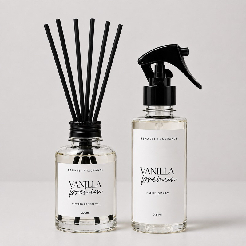 Kit home spray + Difusor de varetas 200ml fragrâncias premium na variação.