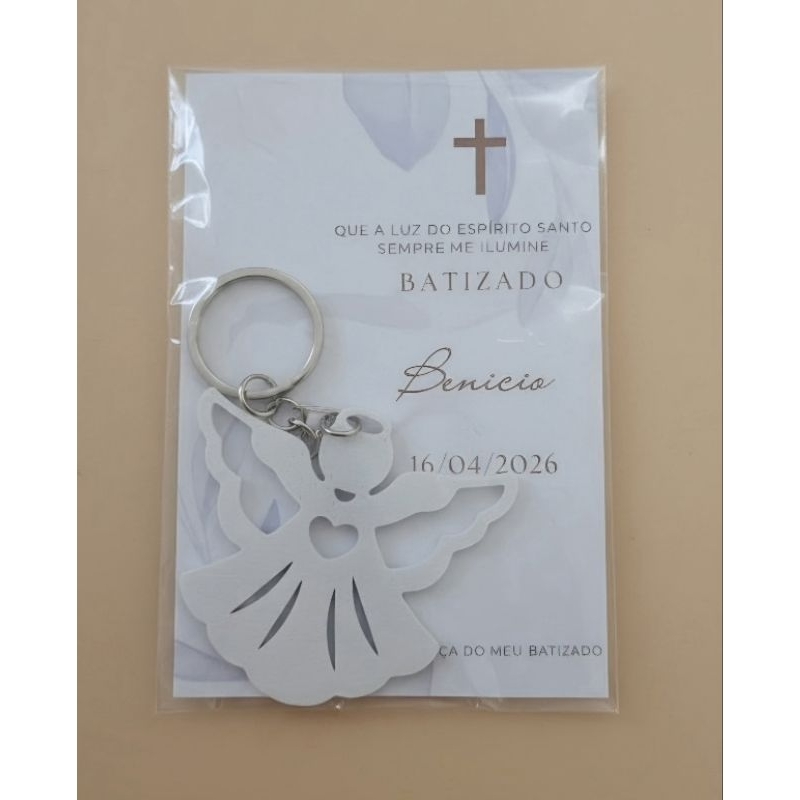 Kit Lembrancinha de Batizado Chaveiro Anjo  Branco com cartão  lixo Personalizado com Nome e Data