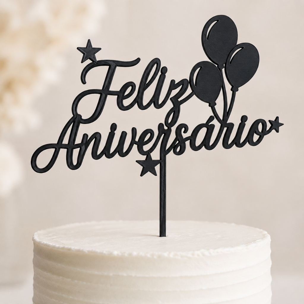Topo de Bolo Feliz Aniversário com Balões e Estrelas – Decoração de Festa