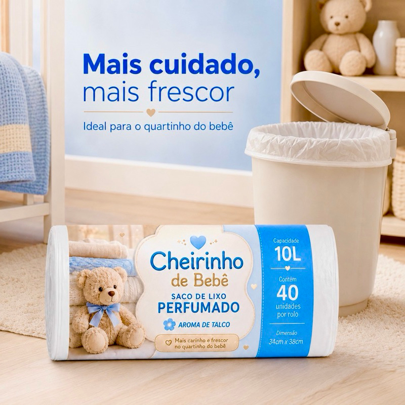 Saco de Lixo Perfumado Aroma Talco 10L 40 Sacos 34x38cm Resistente Anti Odor Mau Cheiro Pia Banheiro