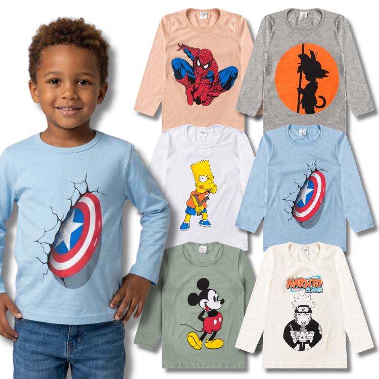 Kit 4 Camisetas Manga Longa Masculina/Menino Estampada Infantil Juvenil Meia Estação Cotton do 3 ao 16