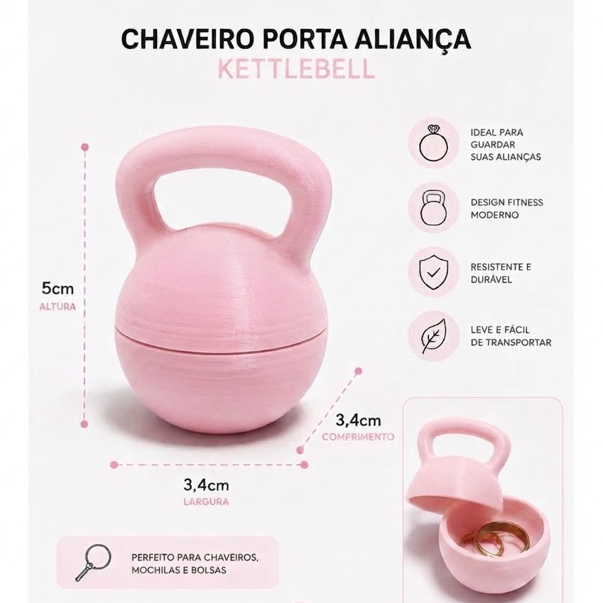 Chaveiro Mini Kettlebell Crossfit Porta Aliança Porta Anel Rosqueável Academia e Treino em Impressão 3D