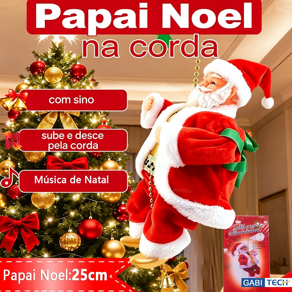 Papai Noel Elétrico Musical Escalando Corda Sobe E Desce Decoração De Natal Festa Enfeite