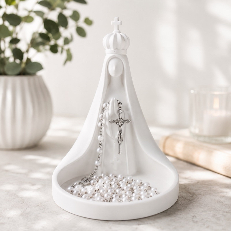 Estátua Nossa Senhora 13cm Porta-Terço | Suporte para Terço e Rosário | Decoração Religiosa