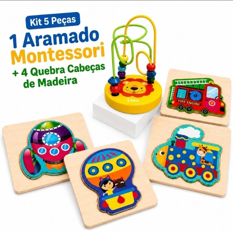 Kit 5 Peças Montessori + Quebra Cabeça de Madeira Sensorial Infantil Brinquedo Pedagógico Educativo para Crianças