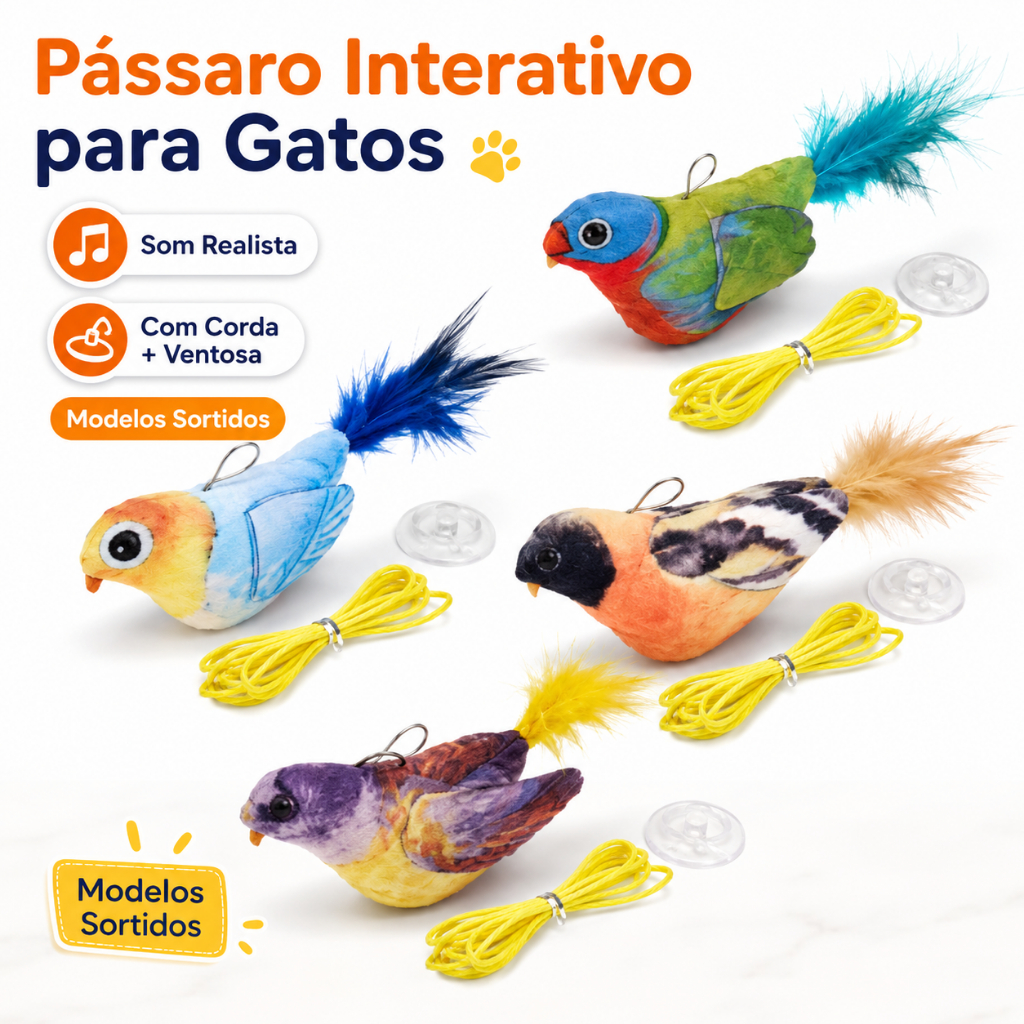 Brinquedo Interativo para Gatos Formato Pássaro com Som, Catnip e Penas, Mordedor para Caça e Diversão