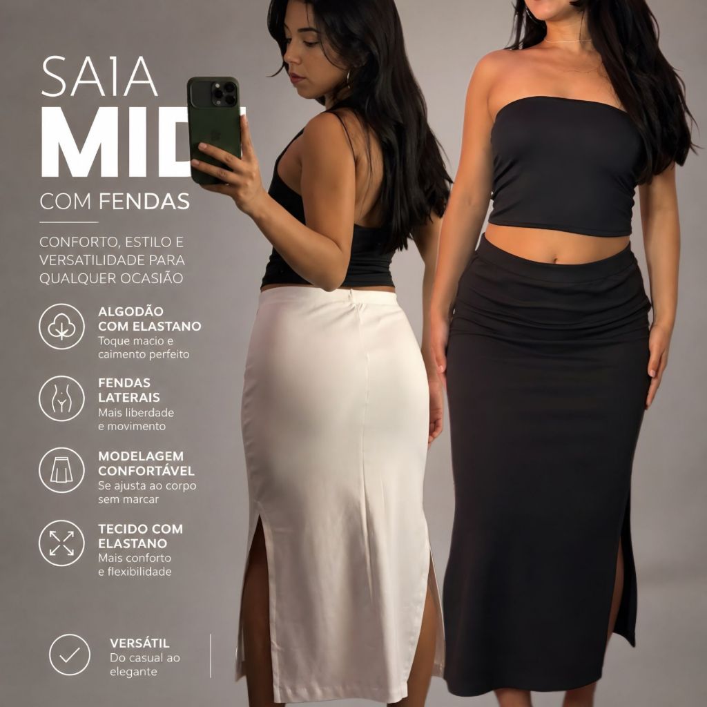 saia feminina justa confortável elegante casual versátil dia a dia moda tendência cintura alta promoção