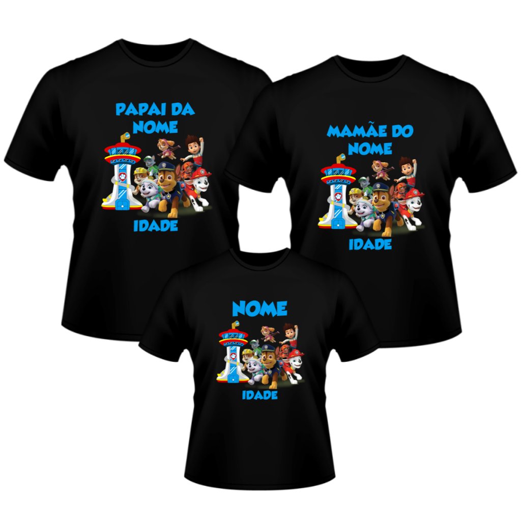 KIT 3 CAMISETAS PRETAS PERSONALIZADAS TEMA TURMA PATRULHA CANINA MENINO ANIVERSÁRIO TEMÁTICO ADULTO E INFANTIL UNISEX