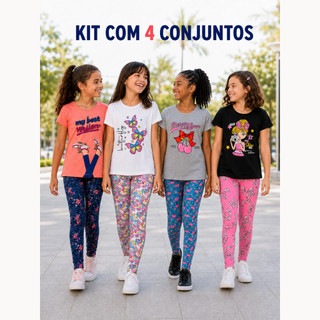 Kit Infantil 8 Peças Calça Legging e Camiseta Conjunto Verão Infantil Menina Juvenil Blogueirinha