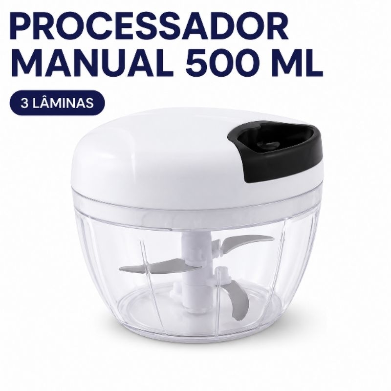 Processador de Alimentos manual 500ml 3 lâminas Aço inox triturador de alho.