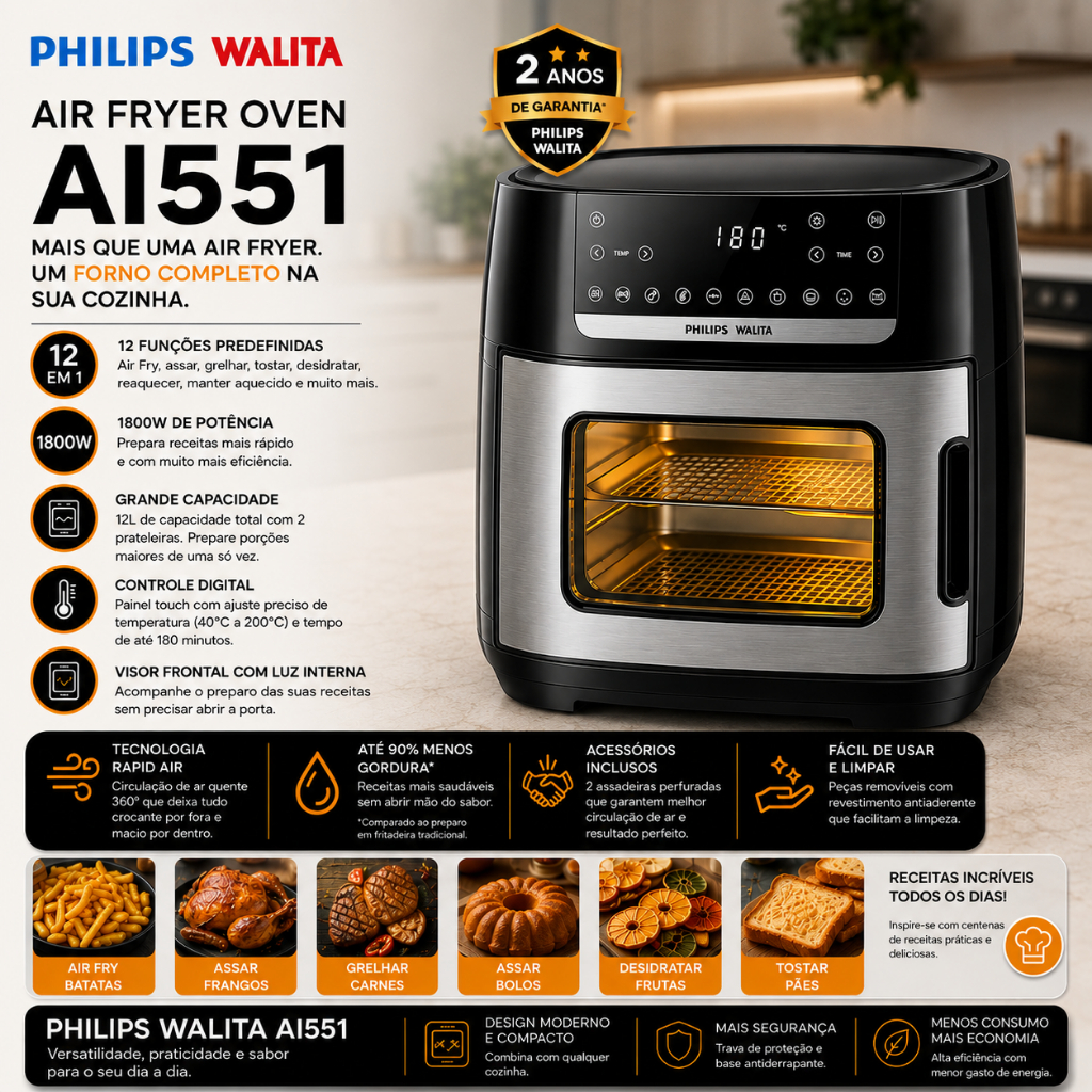 Air Fryer Forno Philips Walita AI551 12L Digital com Visor e Painel Touch