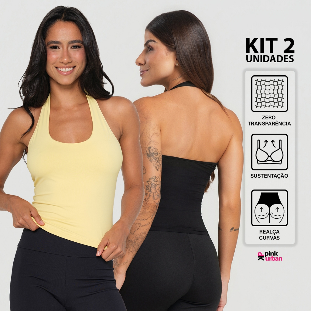 Kit 2 Regata Fitness Frente Única Sustentação Feminino Costa Nua Blusa Liso Poliamida Slim Camiseta Academia Verão