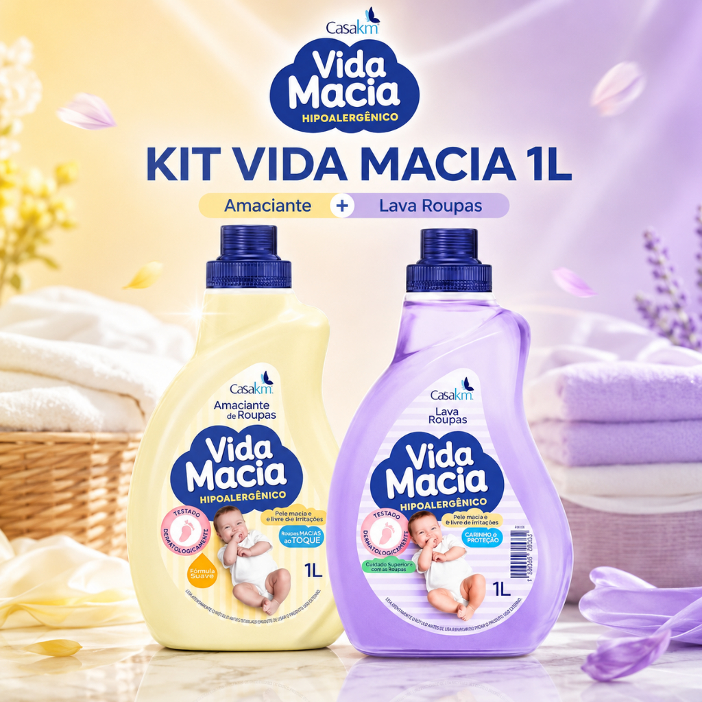 Kit Vida Macia Sabão Líquido Lava Roupas Bebê + Amaciante Glicerina Camomila Hipoalergênico Casa KM