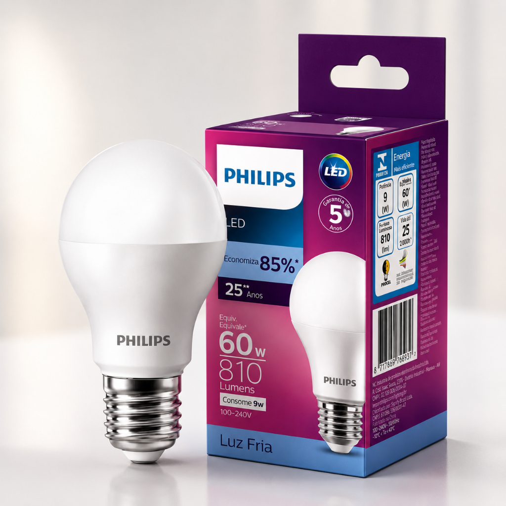 10 Lâmpadas Philips LED 9W Equivale 60W 6500K E27  com Fluxo lLuminoso de 810Lm 85%de Economia
