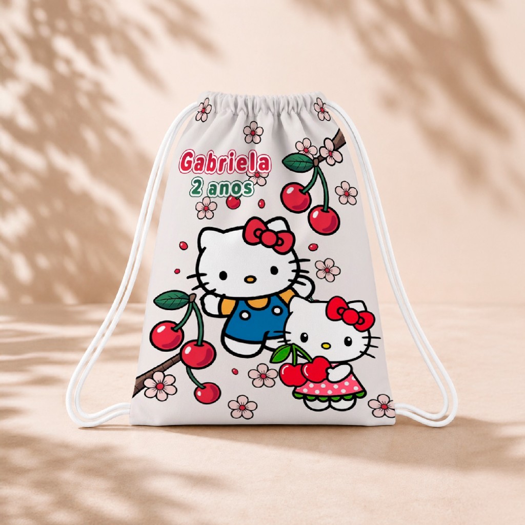 10 Mochila Personalizada 18x26 Sacolinhas Festa Aniversário Lembrancinha Hello Kitty Cereja