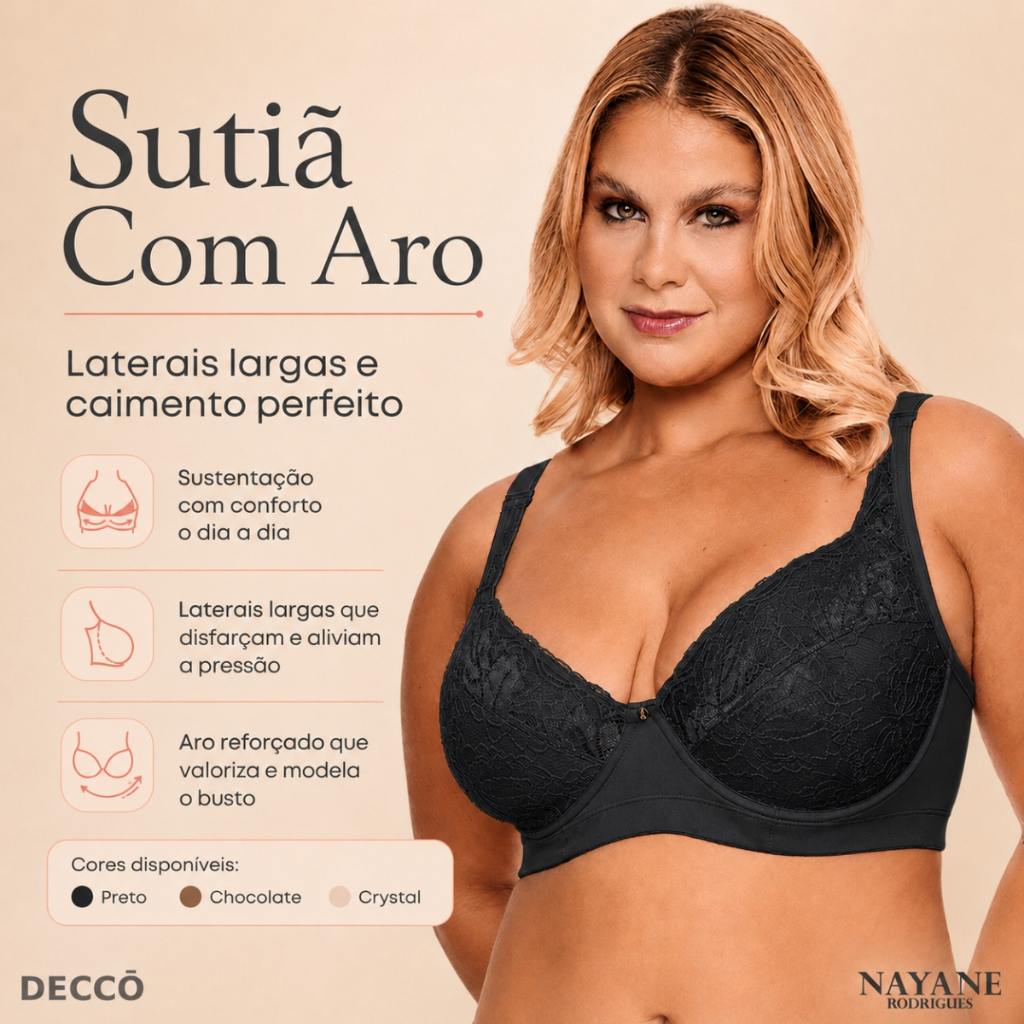 Sutiã Plus Size Nayane Sem Bojo Com Aro Renda Alças Ajustáveis Confortável