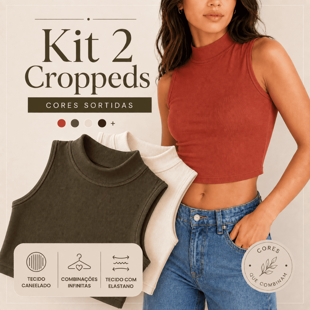 KIT 2 Cropped Blusa Gola Alta Feminina Ribana Canelada - Blogueira Casual