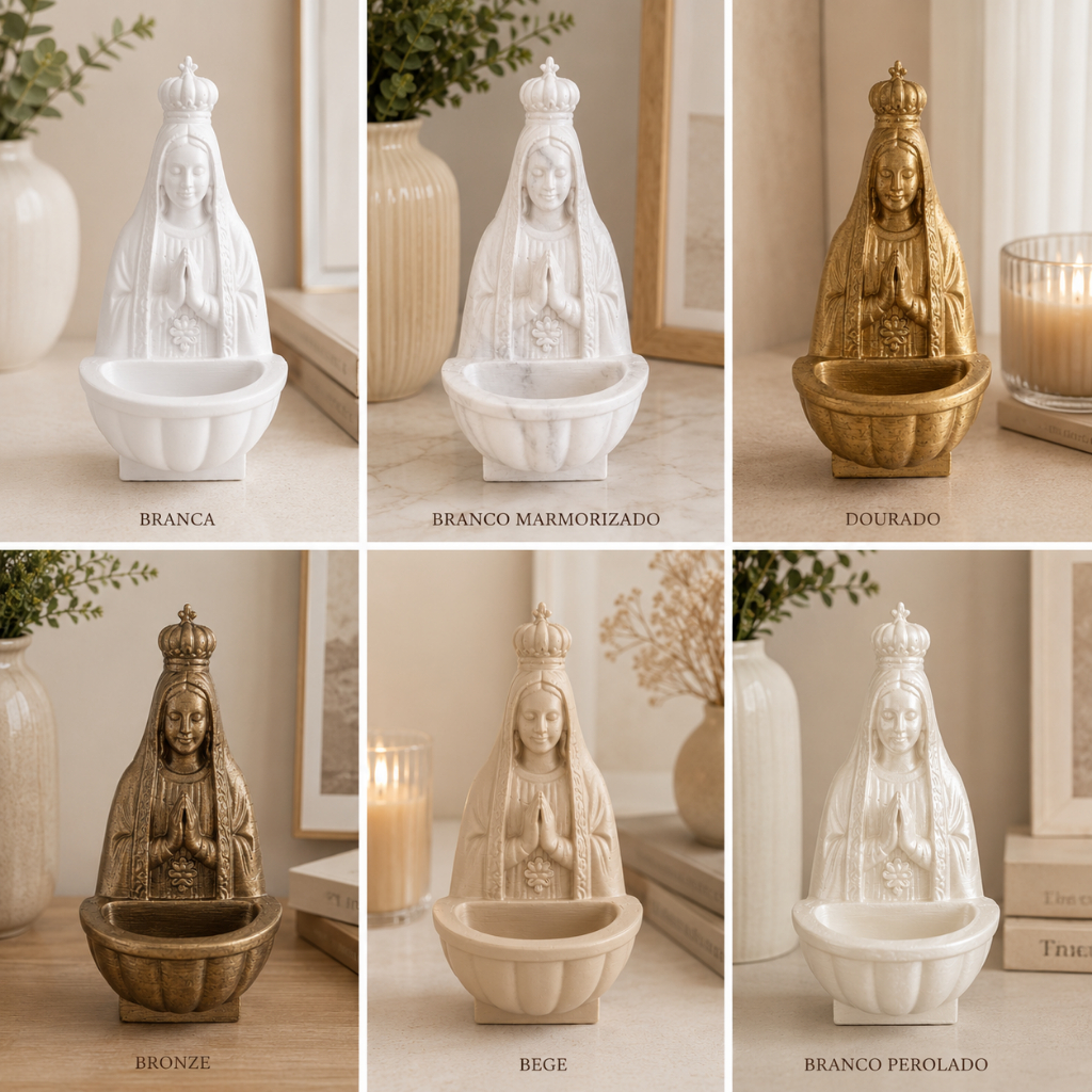 Fonte de Água Benta Nossa Senhora Aparecida | Porta Água Benta Decorativo | 10cm, 15cm – Escultura Religiosa