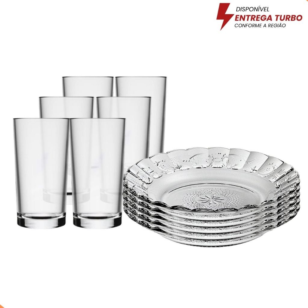 Aparelho De Jantar Em Vidro 12 Peças - 6 Pratos e 6 Copos 225ml
