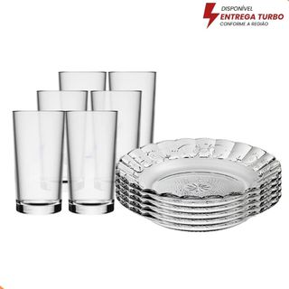 Aparelho De Jantar Em Vidro 12 Peças - 6 Pratos e 6 Copos 225ml