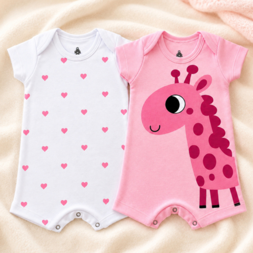 Kit 2 Macacão Romper Bebê Menina Verão 100% Algodão Banho de Sol Manga Curta RN P M G GG Girafa Confortável Fresquinho