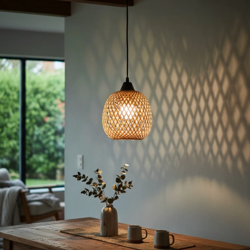 Conjunto de Luminárias Pendentes de Teto em Bambu Rattan Rustico — foto 9
