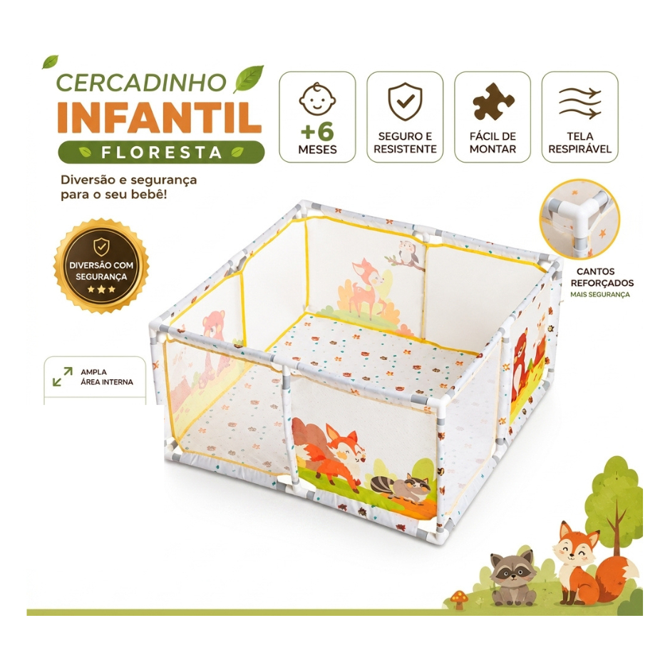 Cercadinho Infantil Playpen Portátil Quadrado Chiqueirinho para Bebê Replay Kids Floresta Amarelo