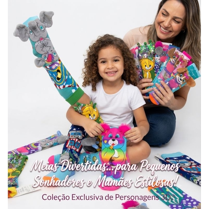 Meia 3D para crianças com desenhos engraçadas e divertidas, meia maluca confortável coloridas menino e menina