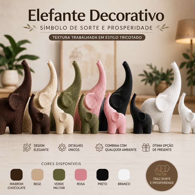Elefante Decorativo Kit 2 Peças Textura Tricotada Enfeite para Sala Mesa Estante Sorte e Prosperidade