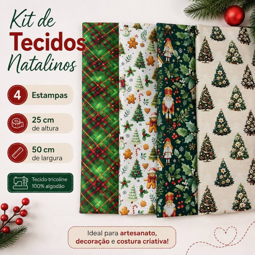 Tecido Tricoline NATAL Kit 4 unidades de 25 cm x 50 cm 100% algodão Natal- estampas natalinas