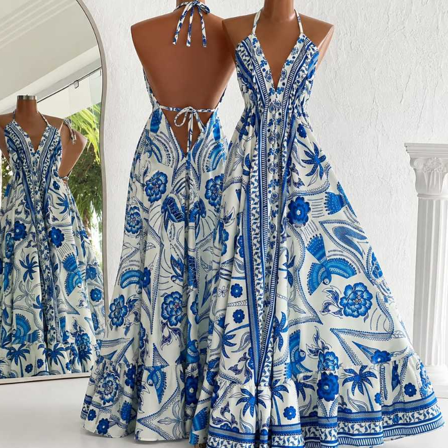 Vestido Indiano Longo Estampado - Azul Único: Conforto e Elegância com Tecido Leve e Respirável