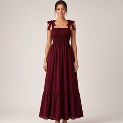 Vestido Longo Feminino Todo Lastex Corpo Inteiro Decote Quadrado Alça Regulável Amarração Laço Saia Longa com Babadinho