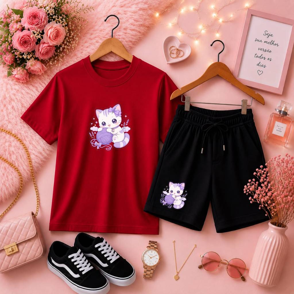 Conjunto Infantil Feminino Básico Camiseta + Short de Moletom Roupa Casual para Menina Estampa de Gatinha