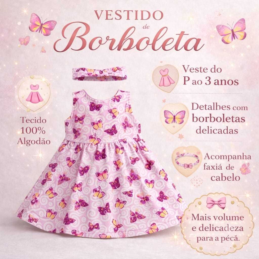 VESTIDO BORBOLETA ROSA MENINA CONJUNTO FAIXA DE CABELO P A 3 ANOS FEMININO