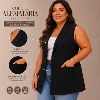 Colete Feminino Max Plus Size Elegante Casual Trabalho Colete longo Colete tipo blazer Plus Size