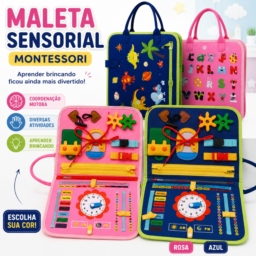 Brinquedo Maleta Sensorial Infantil Montessori Livro Educativo Coordenação Motora Habilidades de Vida