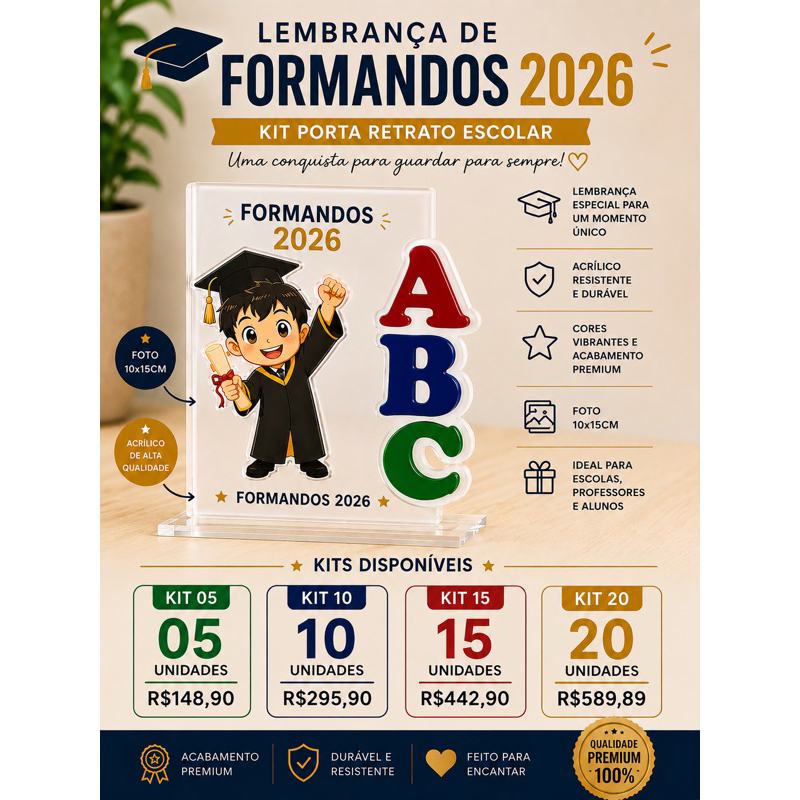 Kit Porta Retrato Escolar Acrílico Infantil – Letras ABC – Lembrança de Formatura 2026