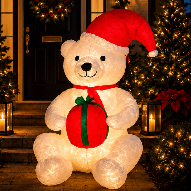 Urso Polar Inflável Decoração Casa Natal Com Led Poliéster Toque Macio Peludinho Presente Hall Prédio