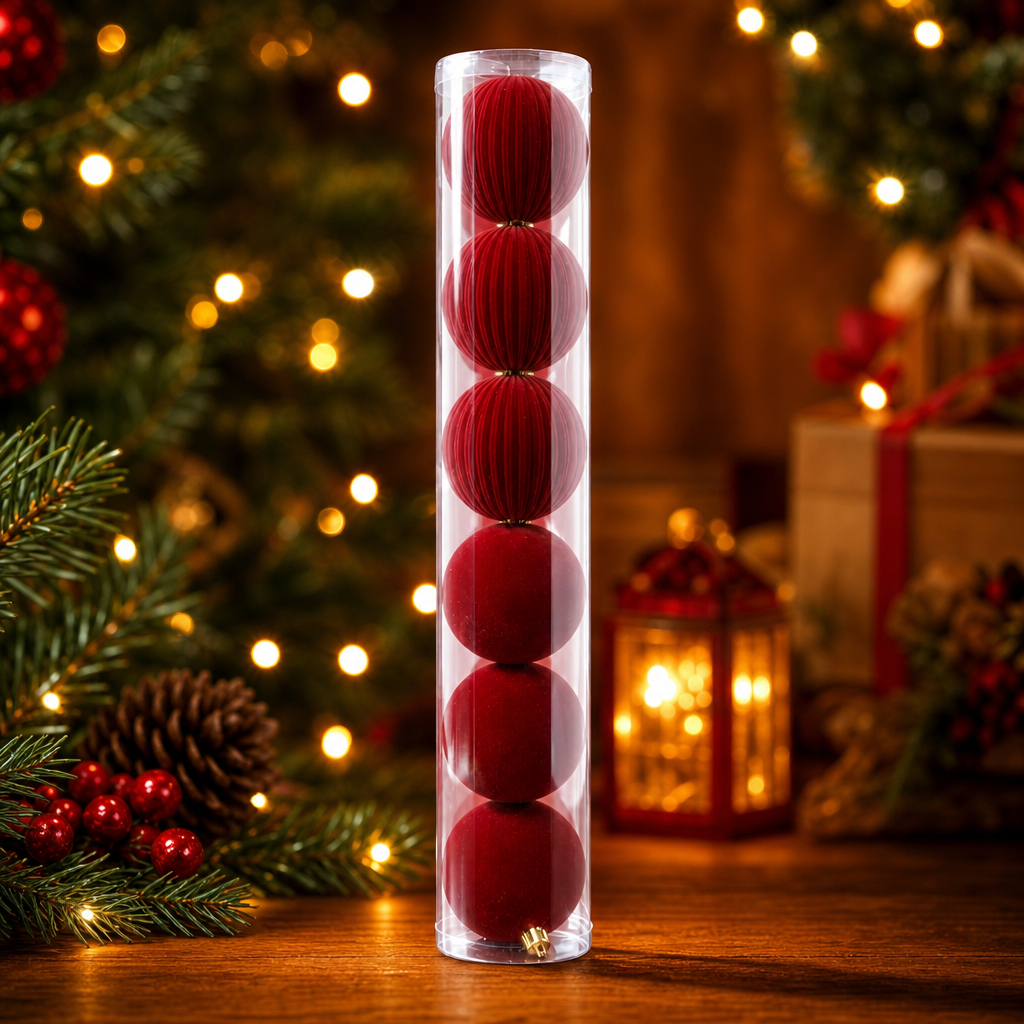 Bolas de Natal em Tubo Borgonha - Veludo, Lisa e Gomo - 8 e 10cm - Enfeites para Árvore de Natal - Cromus | Rizzo