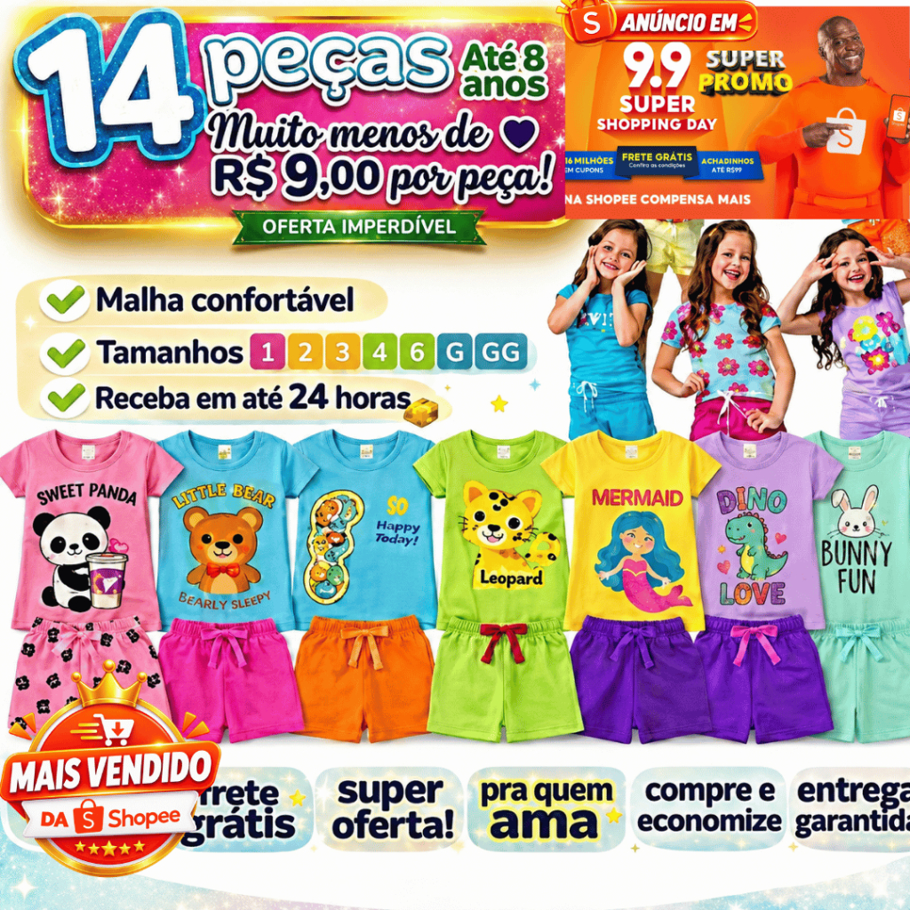 Kit 14 Conjunto Infantil Menina Camiseta Verão Algodão Roupa de Bebê Criança